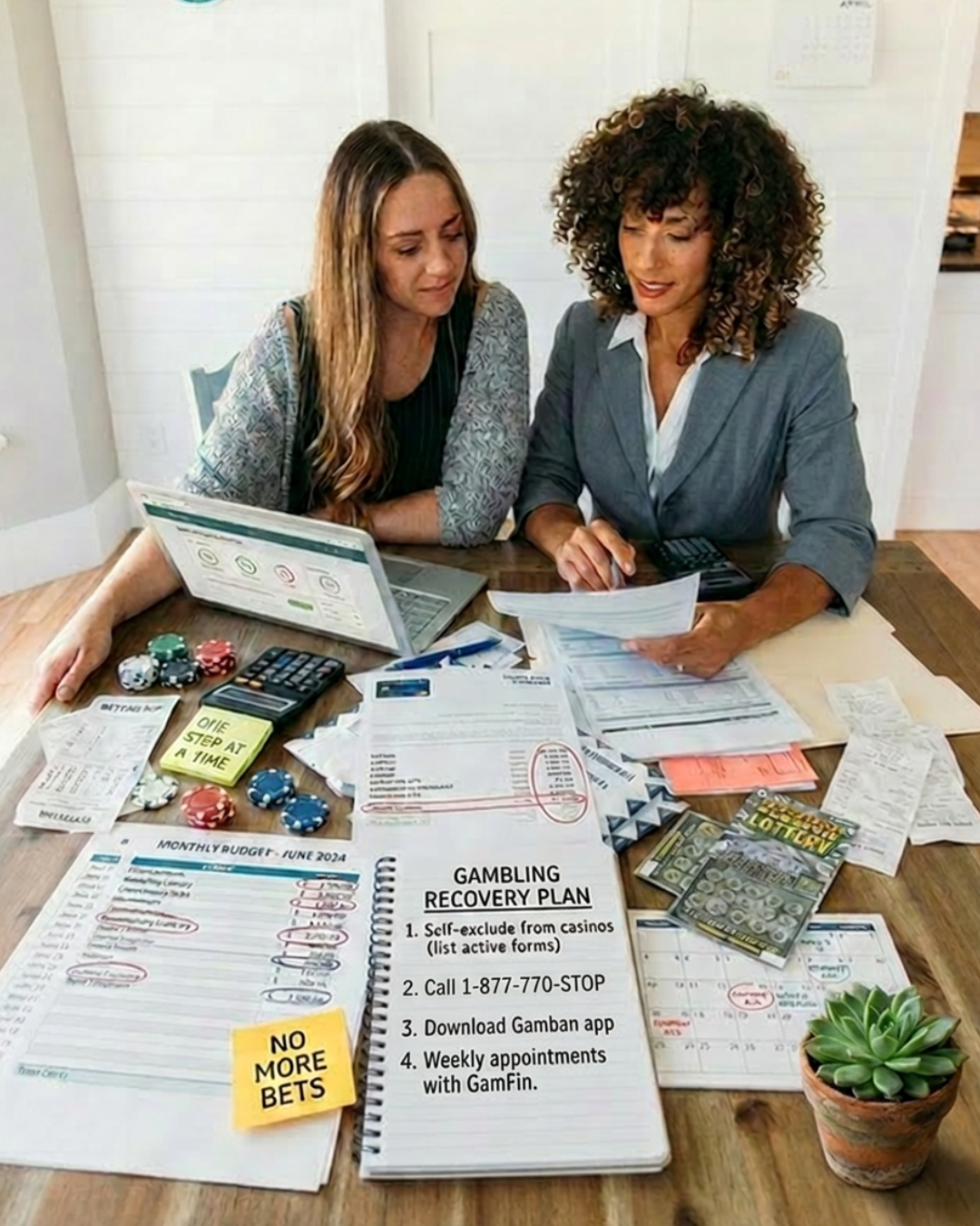 Two people reviewing papers and brochures at a desk with a laptop, business cards, and a small plant
