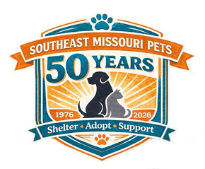The logo for southeast missouri pets where pets become family shelter adopt support