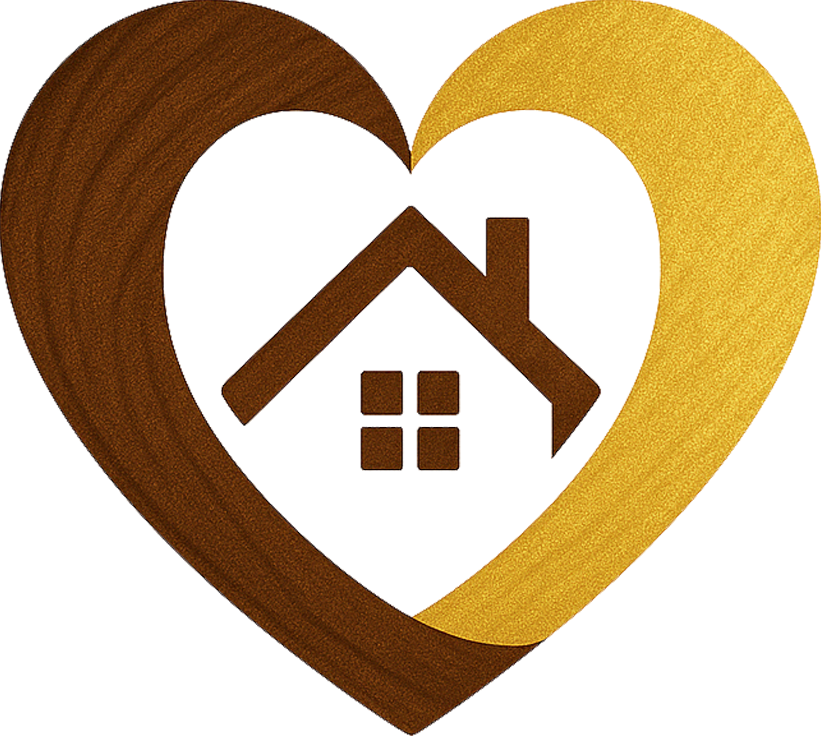 Heart-shaped brown and gold house logo with a white center and roof window icon