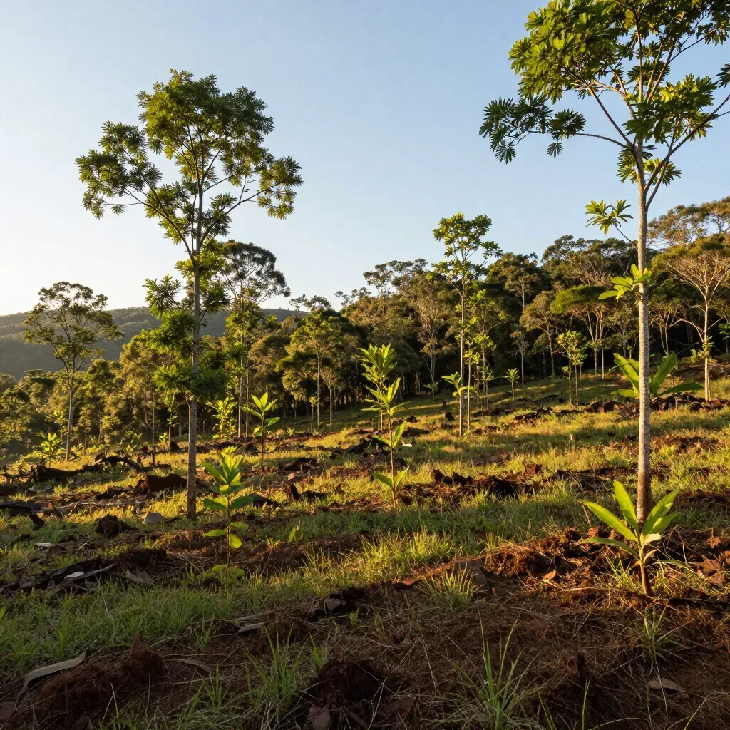 Árvores jovens crescendo em uma encosta ensolarada sob um céu claro, com uma floresta ao fundo.