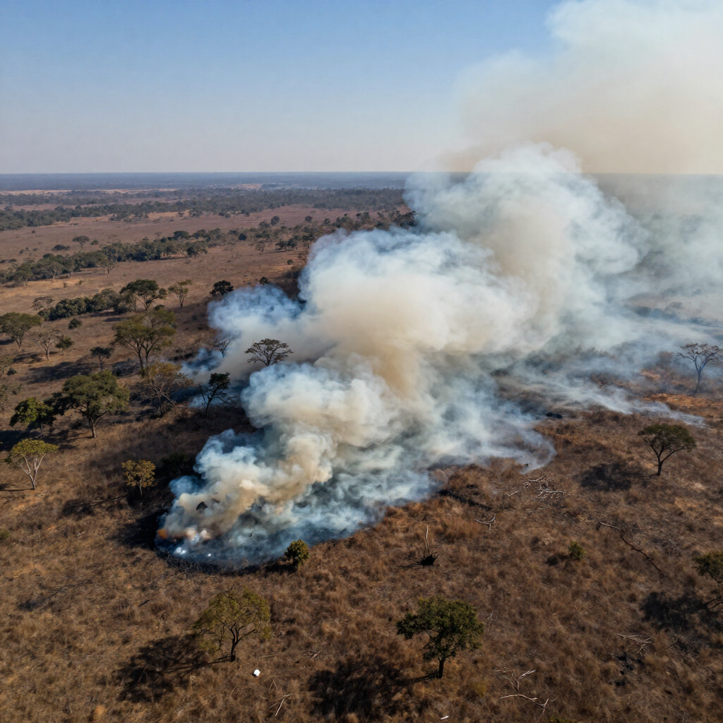 Smoke rising from a brush fire in a dry, open landscape under a clear sky