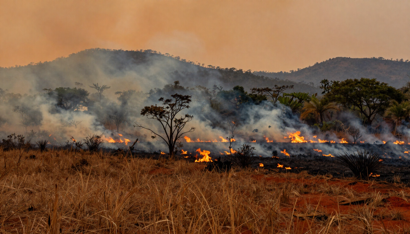 Dry grassland fire with flames and smoke spreading across a savanna at dusk