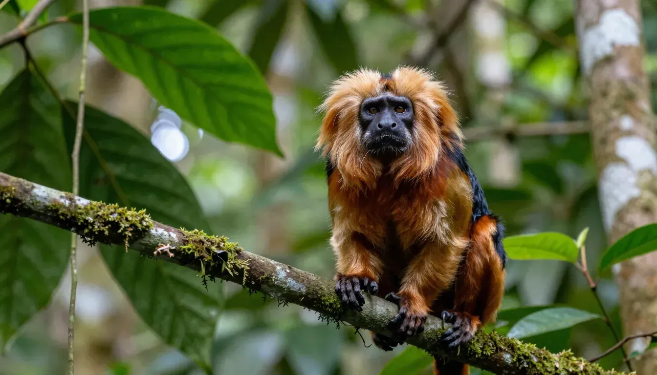 Golden lion tamarin perched on a mossy branch in a lush green forest