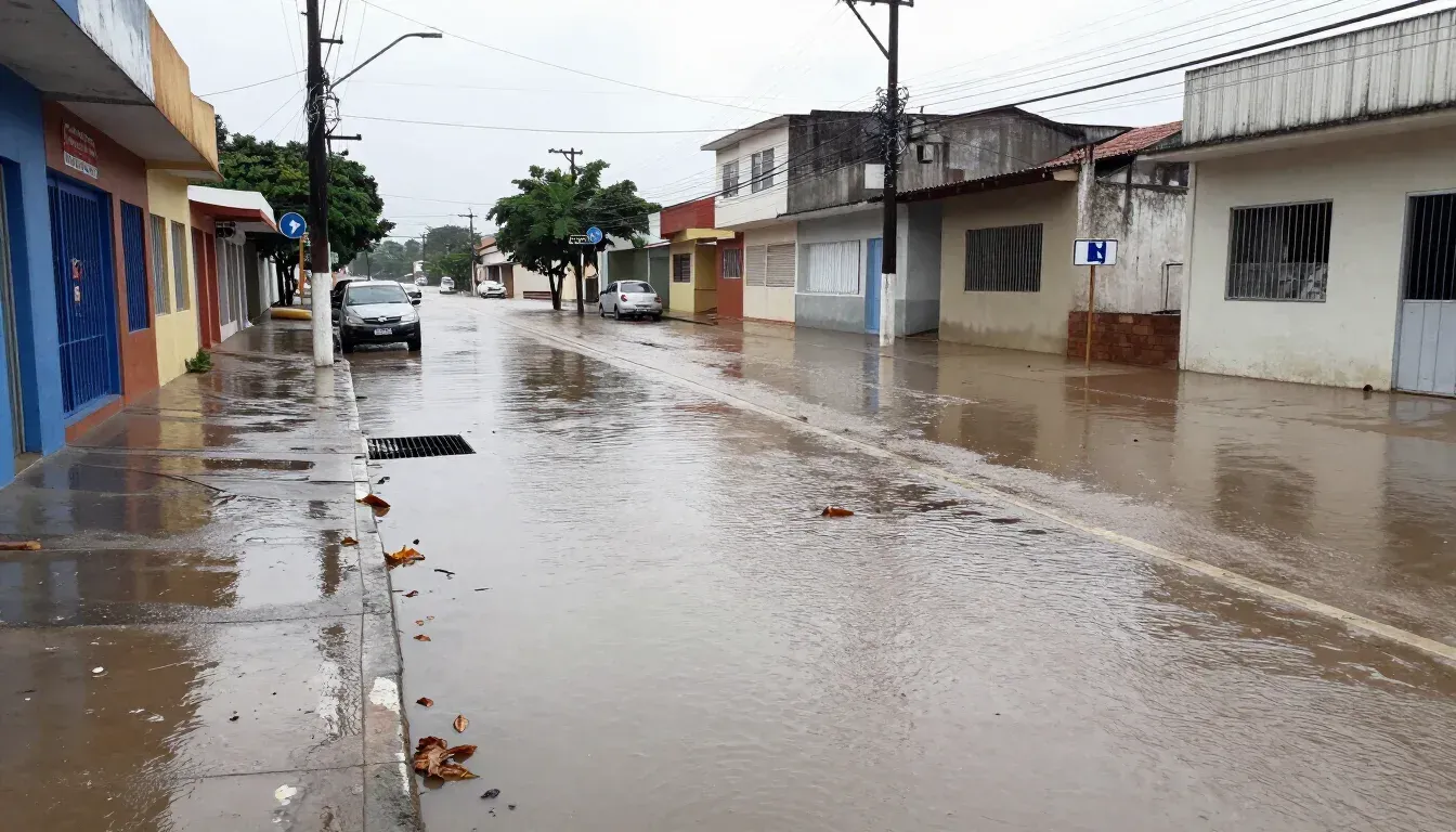 Flooded residential street with muddy water, houses on both sides, and overcast skies.