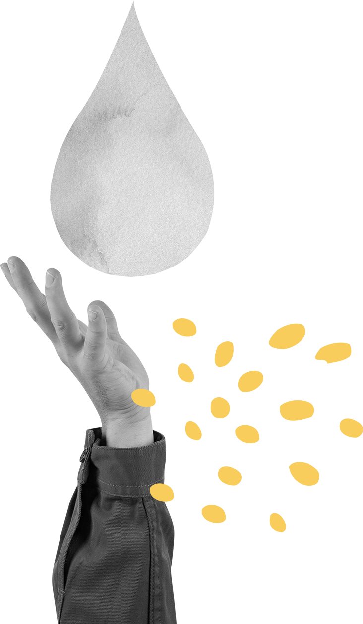 Mão em preto e branco estendendo-se em direção a uma grande gota branca com gotas amarelas espalhadas sobre um fundo branco.