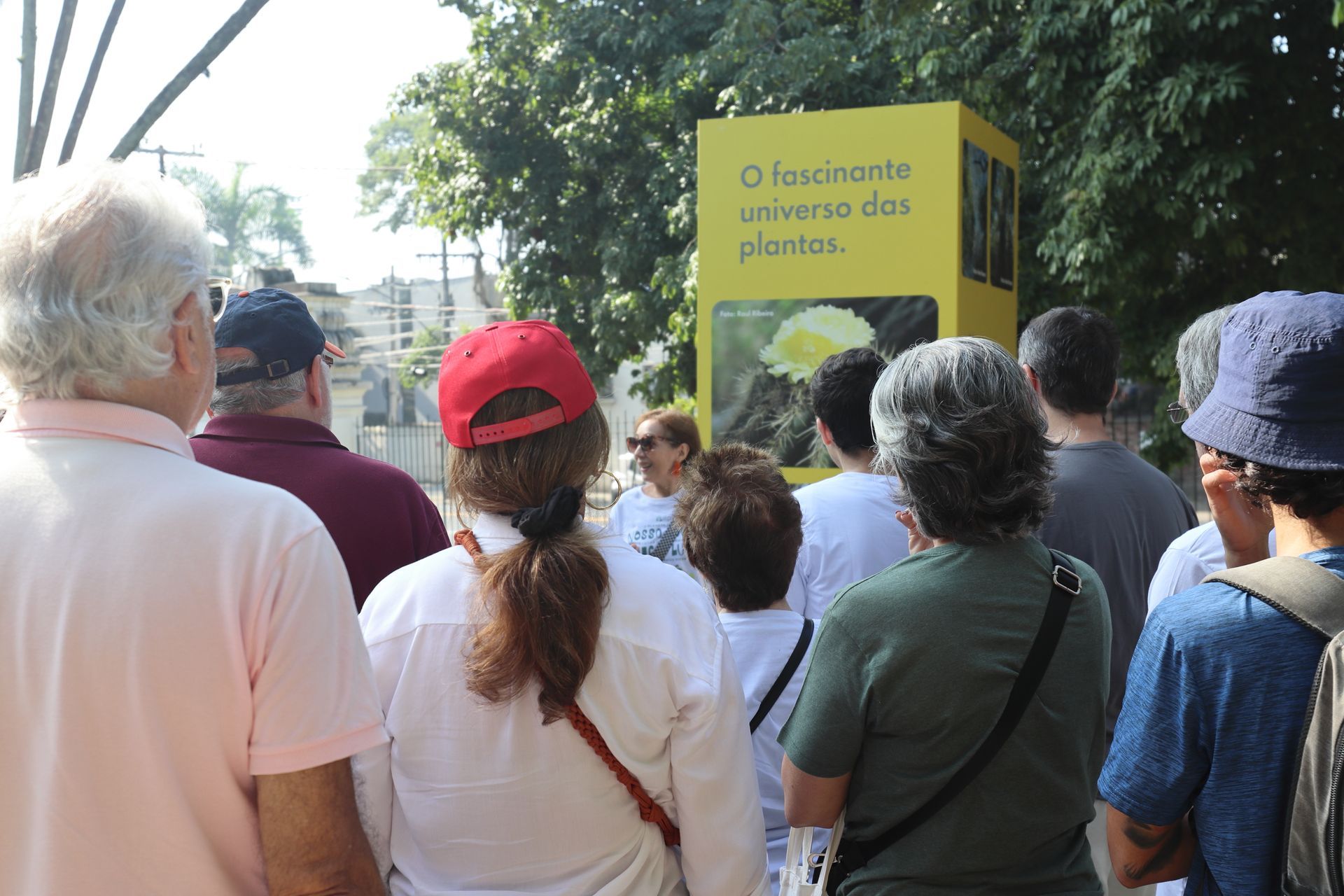 Um grupo de pessoas reunidas ao ar livre, ouvindo uma mulher em frente a um painel amarelo. 