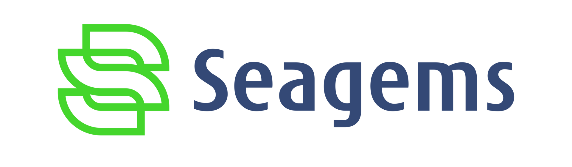 Logotipo da Seagems com ícone geométrico verde e texto azul sobre fundo branco.