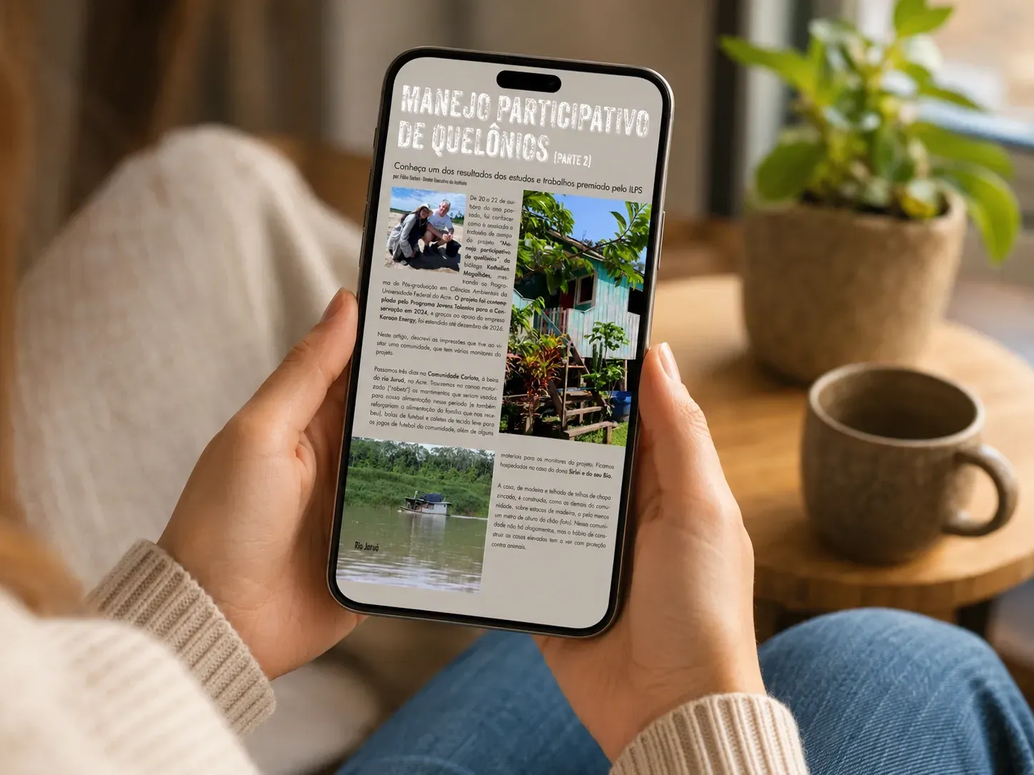 Hands holding a phone displaying a article beside a coffee cup and plant on a cozy table