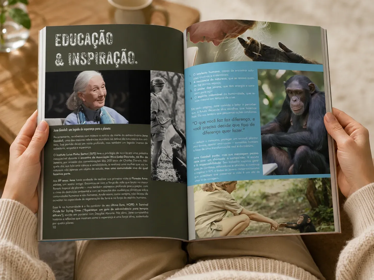 Open magazine with text, portraits, and outdoor nature photos on the pages.