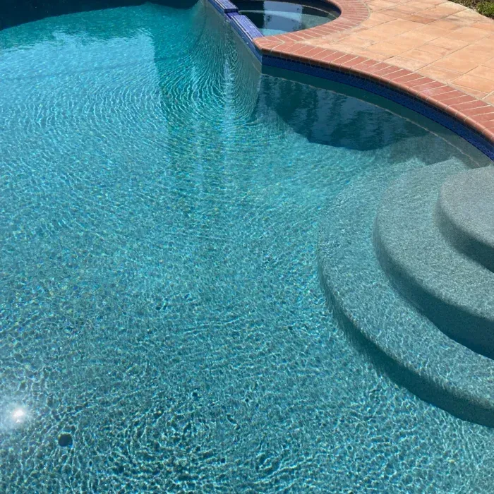 Curved swimming pool with clear blue water, tiled deck, and submerged steps on the right