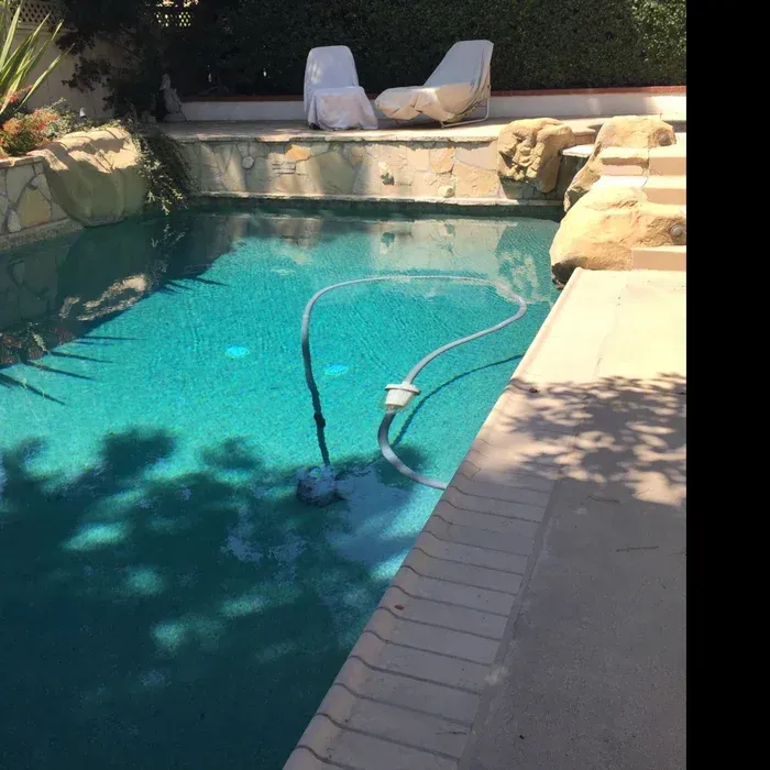 Backyard swimming pool with a vacuum hose and steps, sunlit patio and chairs nearby