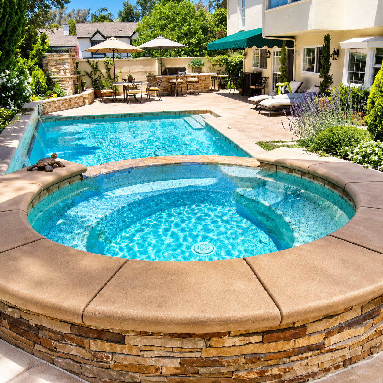 Backyard patio with a swimming pool and circular hot tub, surrounded by lounge chairs and greenery