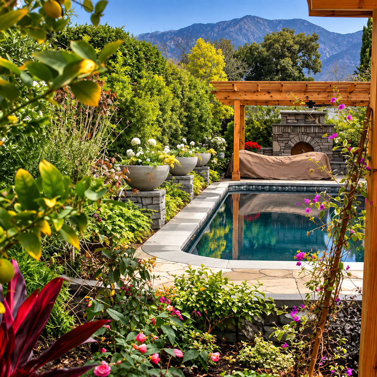 Tropical garden with a small pool, wooden pergola, lush plants, and mountain view in the background