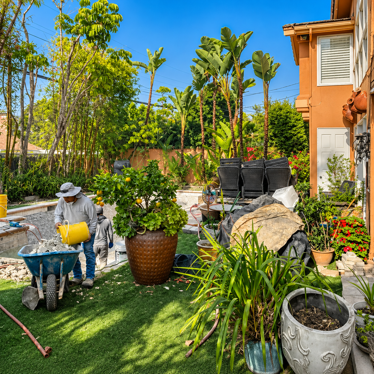 Gardener watering plants in a sunny backyard beside a house and potted greenery