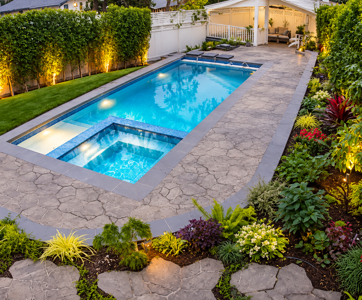 Backyard pool and hot tub at dusk, bordered by stone decking and lush landscaping