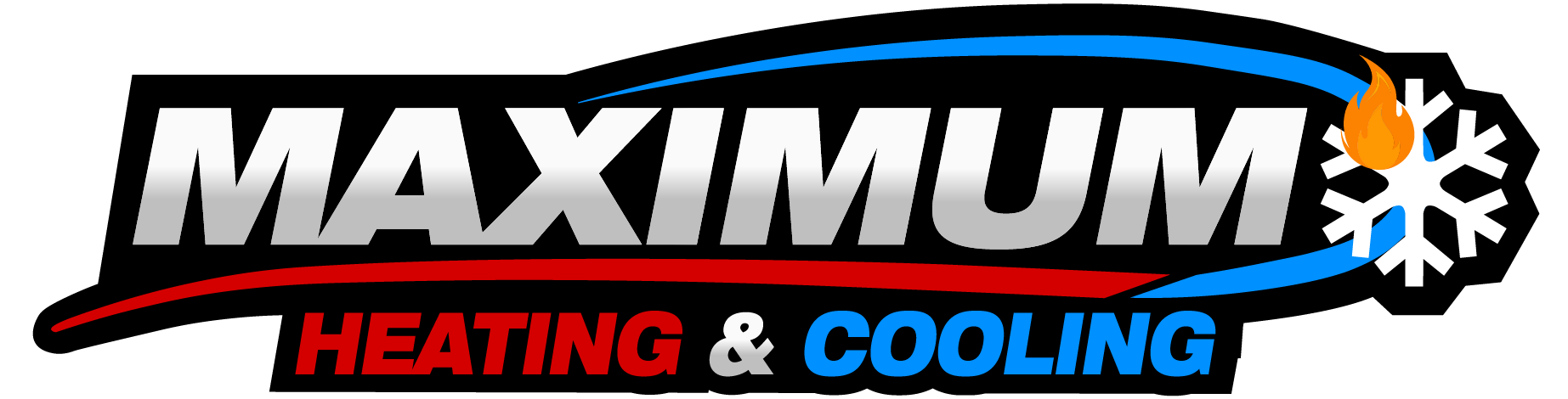 Maximum Heating & Cooling logo with black, red, and blue text and a snowflake icon