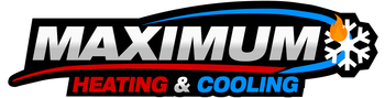 Maximum Heating & Cooling logo with black, red, and blue text and a snowflake icon