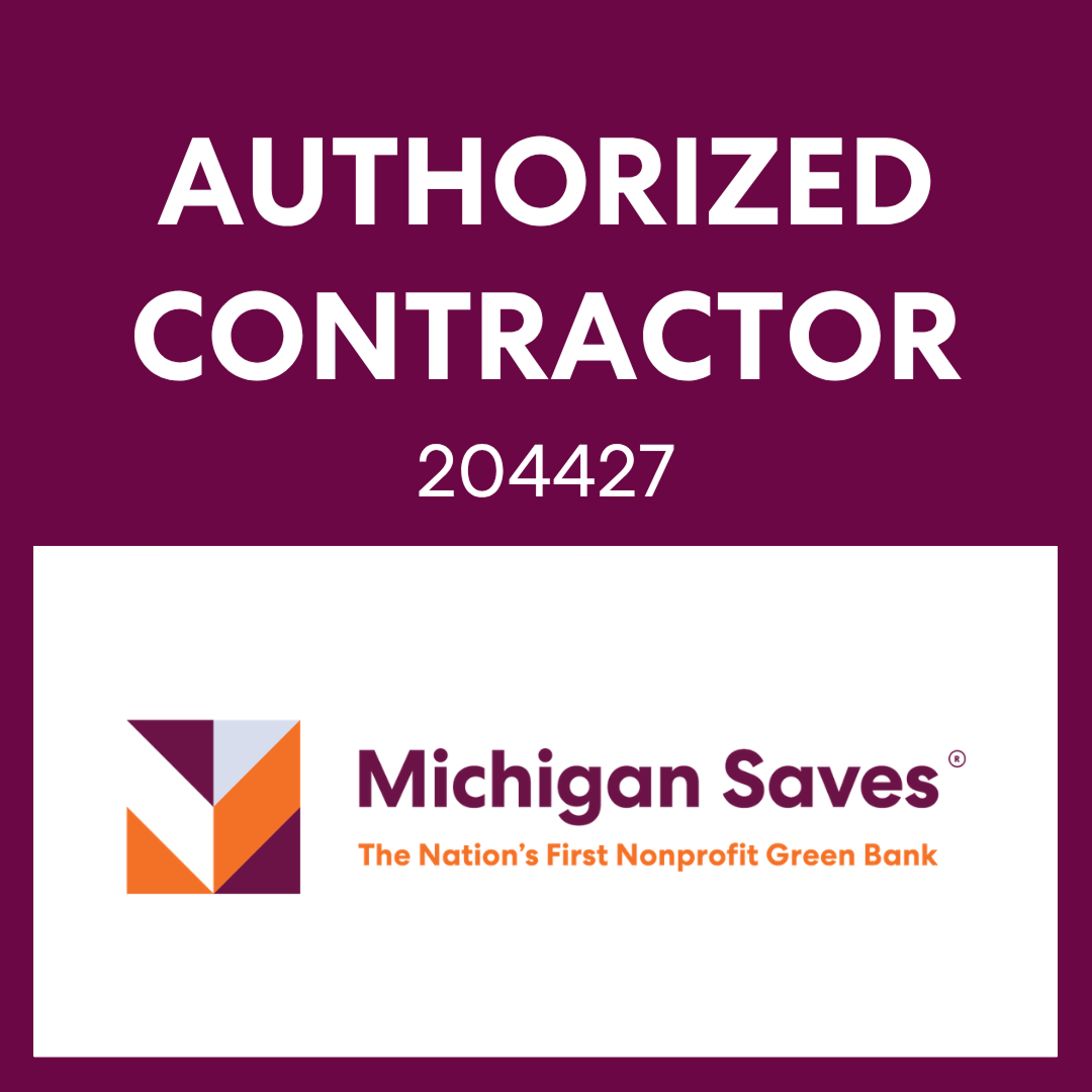 Authorized contractor 204427 for Michigan Saves on a purple background with logo and tagline