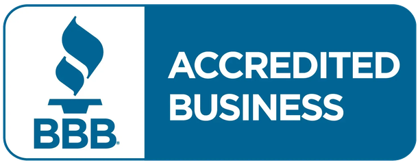 BBB Accredited Business logo featuring the torch icon and white text on a blue rectangular background.