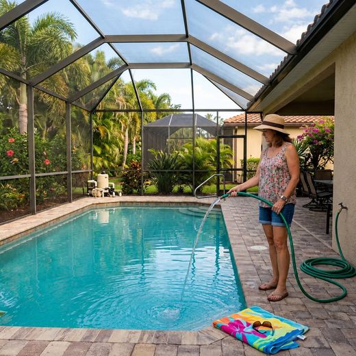 Person watering a backyard swimming pool beside a screened patio, with a colorful towel nearby.