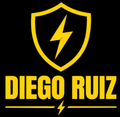 Escudo amarillo con un rayo sobre el texto «DIEGO RUIZ» en un fondo negro