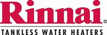 The logo for rinnai tankless water heaters is red and white.