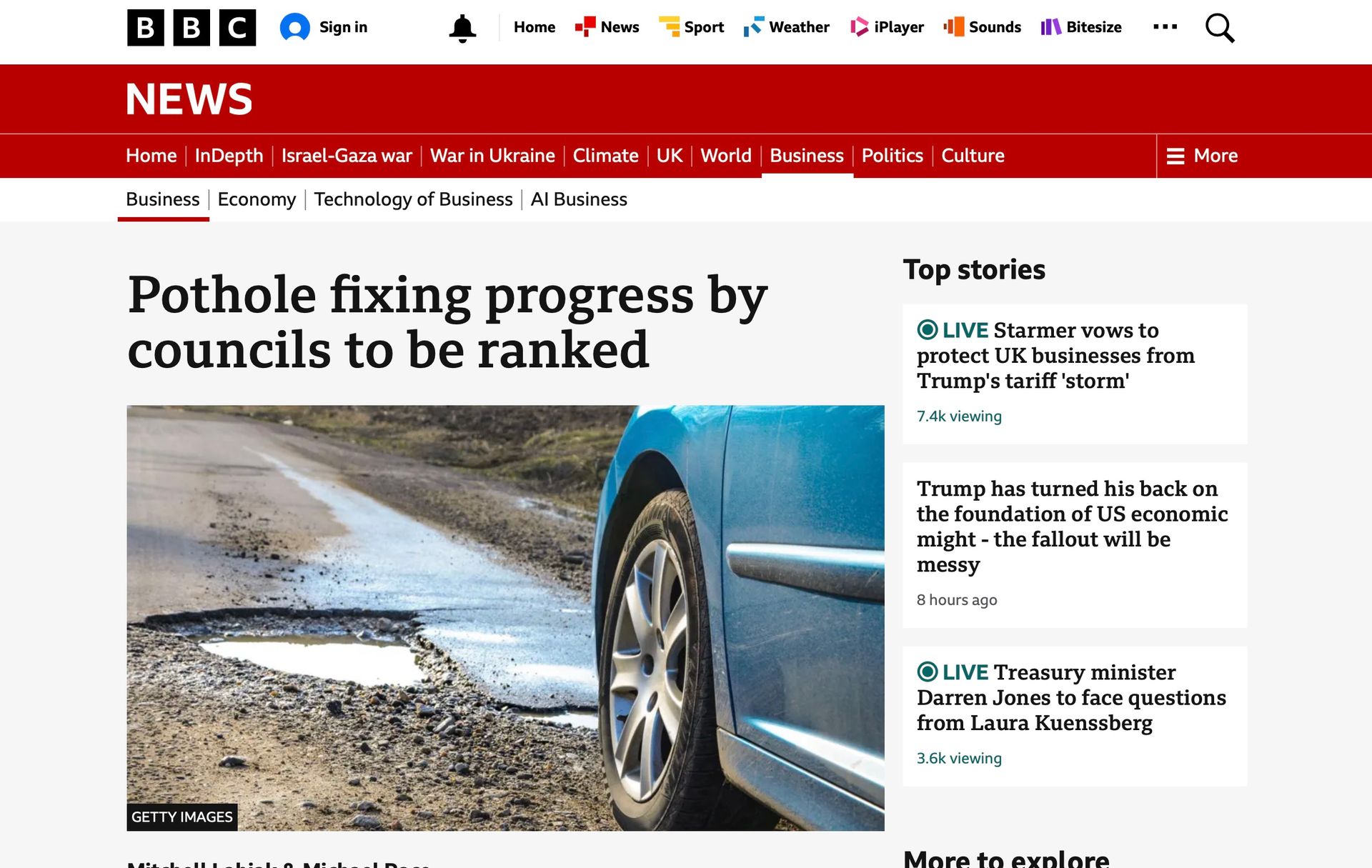 Pothole in a road with a car wheel in view, featured in a BBC News article.