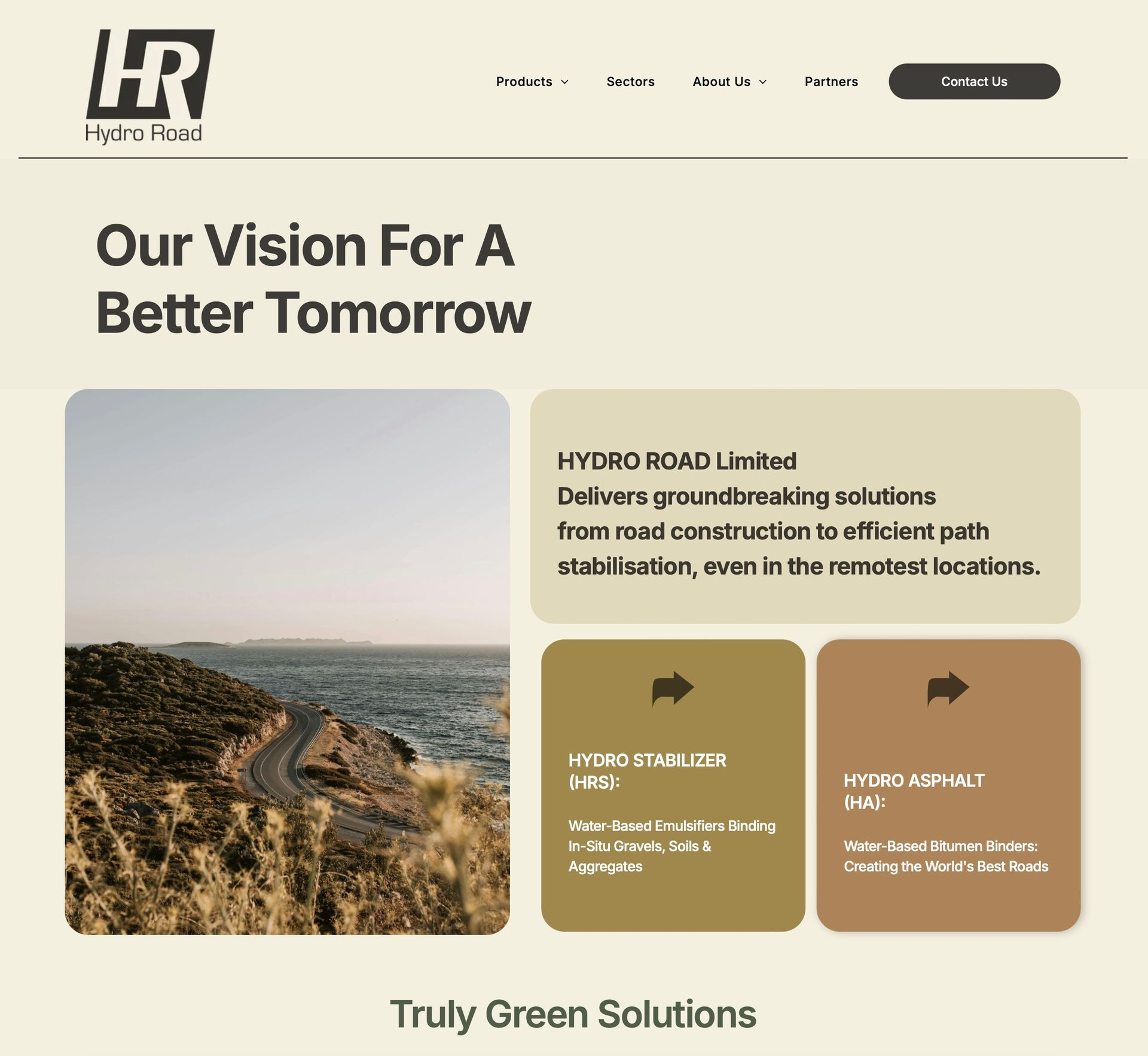 Website homepage featuring the Hydro Road logo and a coastal road. Text promoting