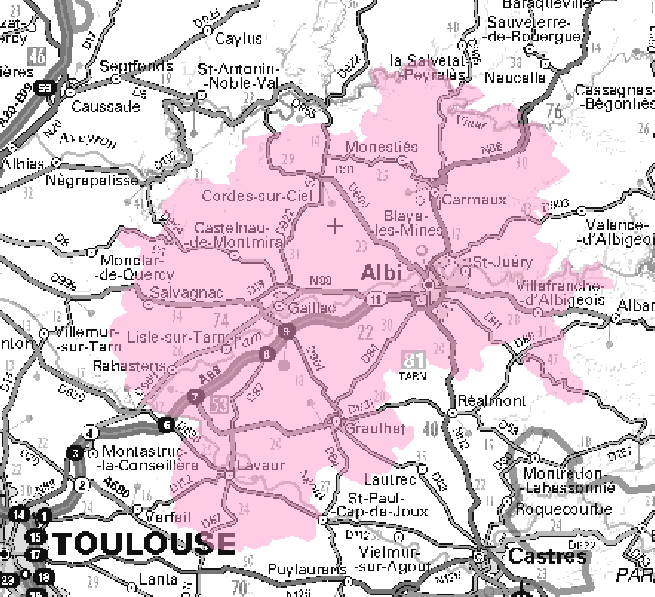 Carte de l'allotissement Albi local, Canal 11D - 222.064 MHz