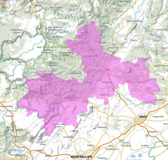 Carte de l'allotissement Alès local 1, Canal 9B - 204.640 MHz