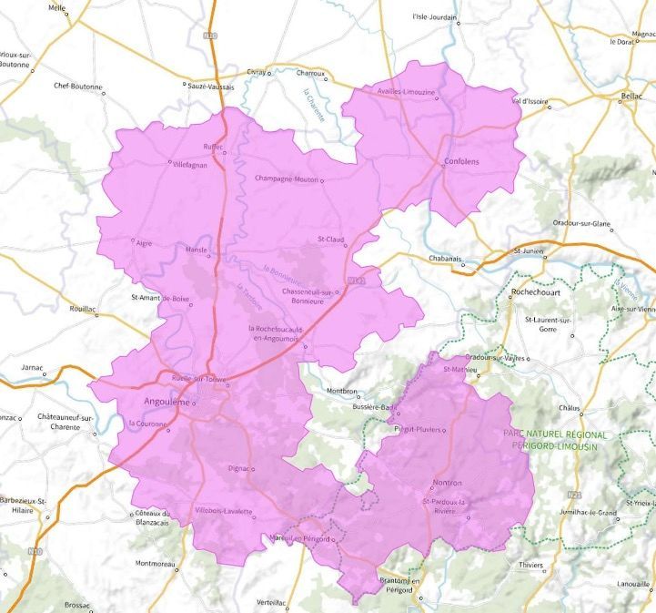 Carte de l'allotissement Angoulême local, Canal 12A - 223.936 MHz