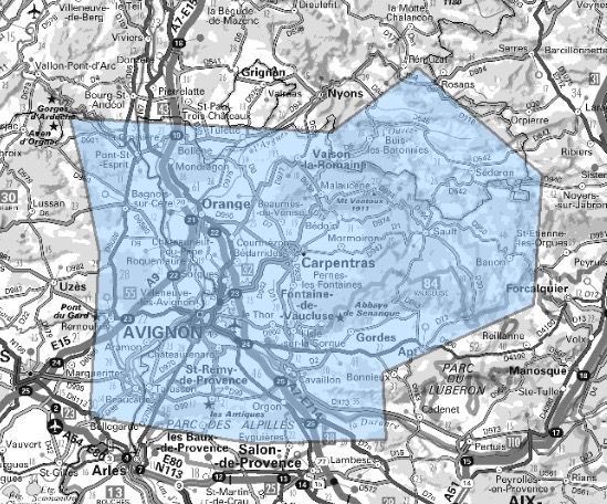 Carte de l'allotissement Avignon étendu, Canal 9D - 208.064 MHz