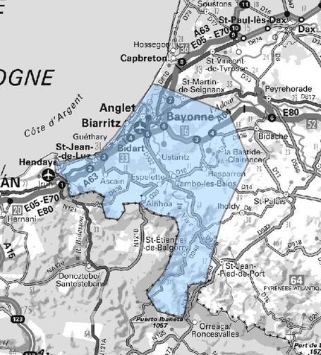Carte de l'allotissement Bayonne étendu, Canal 8B - 197.648 MHz