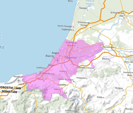 Carte de l'allotissement Bayonne local 1, Canal 10D - 215.072 MHz