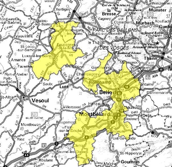 Carte de l'allotissement Belfort-Montbéliard local 1, Canal 6C - 185.360 MHz