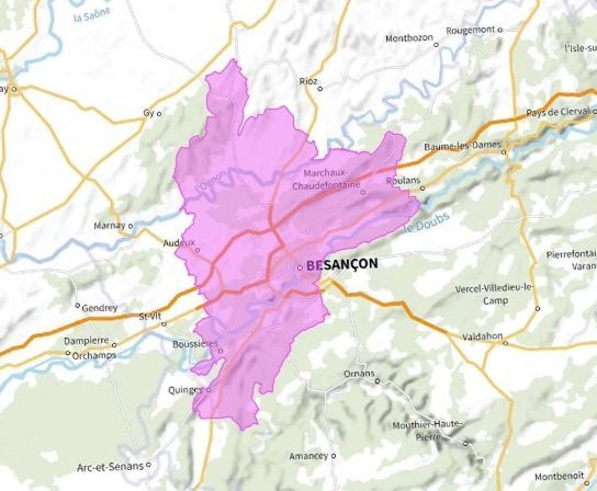 Carte de l'allotissement Besançon local 1, Canal 9A - 202.928 MHz
