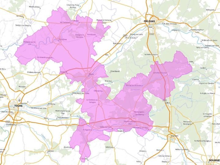 Carte de l'allotissement Blois local 1, Canal 12A - 223.936 MHz