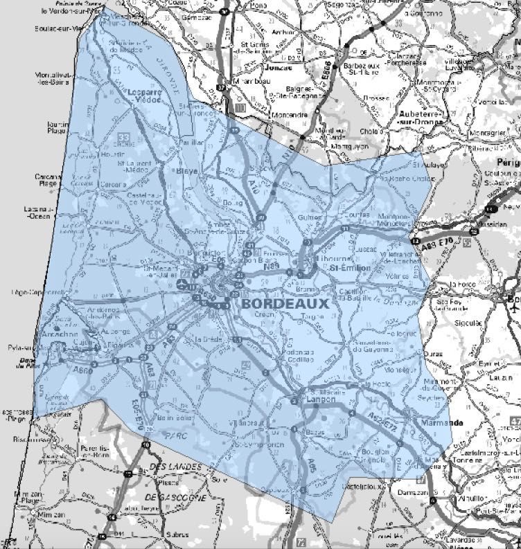 Carte de l'allotissement Bordeaux étendu, Canal 8C - 199.360 MHz