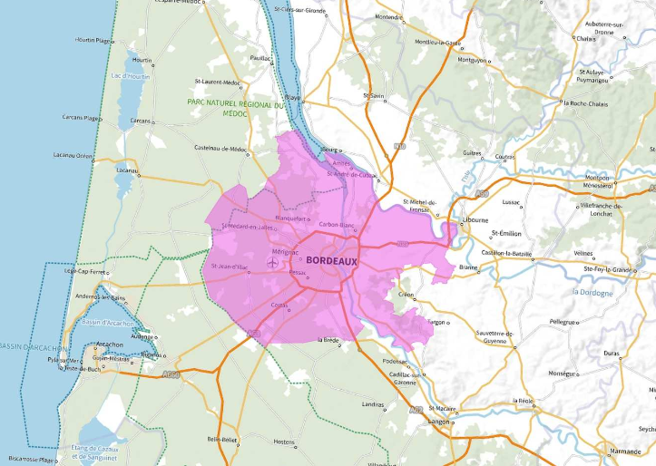 Carte de l'allotissement Bordeaux local 1, Canal 7A - 188.928 MHz