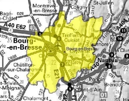 Carte de l'allotissement Bourg-en-Bresse local 1, Canal 6D - 187.072 MHz