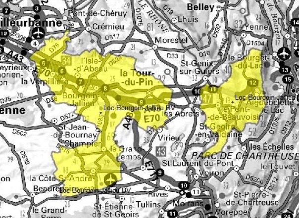 Carte de l'allotissement Bourgoin-Jallieu local 1, Canal 5C - 178.352 MHz