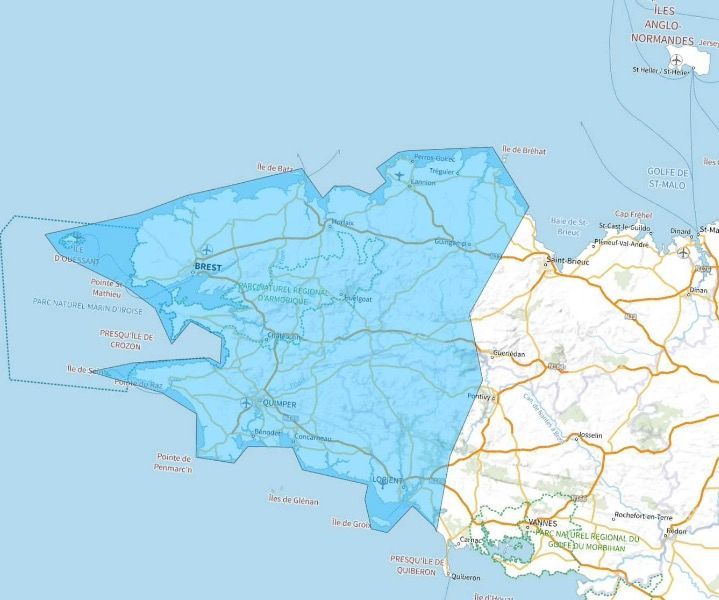 Carte de l'allotissement Brest étendu, Canal 9A - 202.928 MHz