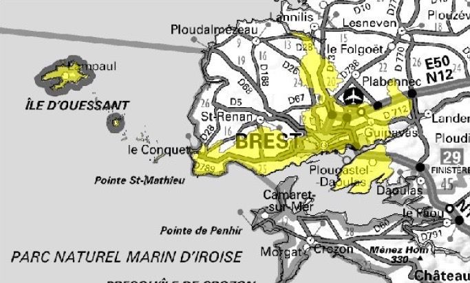 Carte de l'allotissement Brest local 1, Canal 7C - 192.352 MHz