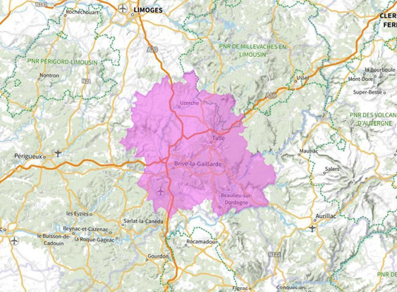 Carte de l'allotissement Brive-la-Gaillarde local 1, Canal 8D - 201.072 MHz