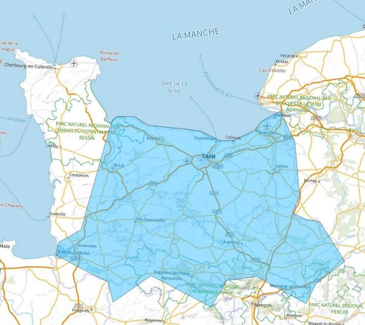 Carte de l'allotissement Caen étendu, Canal 5B - 176.640 MHz