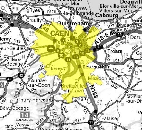 Carte de l'allotissement Caen local 1, Canal 9B - 204.640 MHz