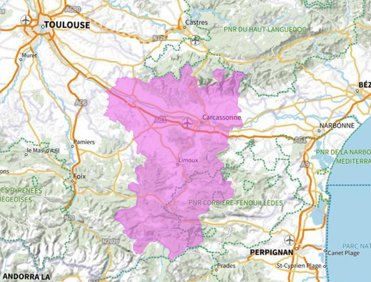 Carte de l'allotissement Carcassonne local, Canal 9A - 202.928 MHz