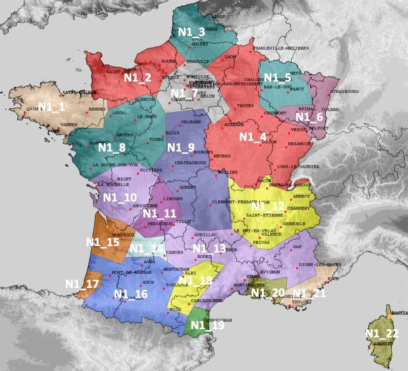 Carte du multiplex métropolitain M1, y compris l'allotissement N1_22, Canal 7C - 192.352 MHz