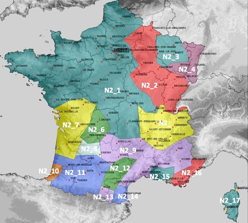 Carte du multiplex métropolitain M2, y compris l'allotissement N2_17, Canal 8B - 197.648 MHz