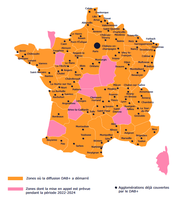 Carte du déploiement du DAB+ en France métropolitaine.